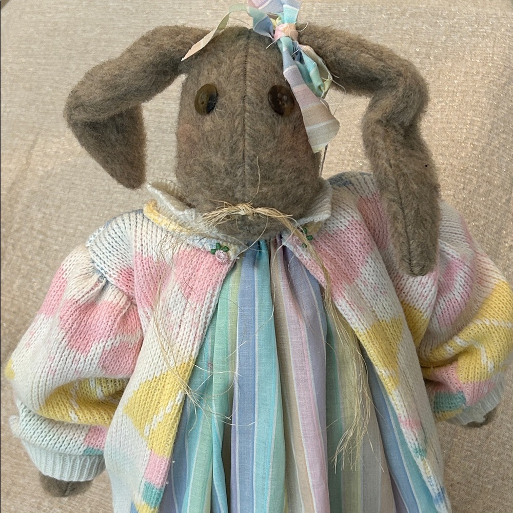 Vintage Hand Crafted Wool Bunny Pastel Dress with Sweater Decoration Handmade - Picture 1 of 8